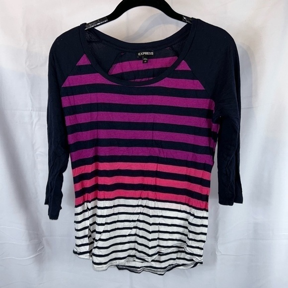 Express Top Striped Quarter Sleeve Pullover Crewneck Color block Casual Shirt - Picture 2 of 8